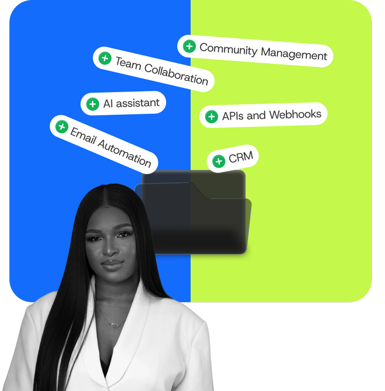 A Nestuge creator alongside the platform capabilities: email automation, community management, AI assistant, team collaboration, APIs and webhooks, and CRM
